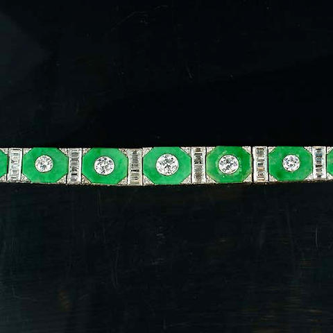 Bonhams : An art deco jade and diamond bracelet