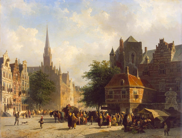 Cornelis Springer (Dutch 1817-1891) Market day in a Dutch town with numerous figures conversing in a square with stalls and a laden cart and horses 60 x 77.5 cm. (23 1/2 x 30 1/2 in.)