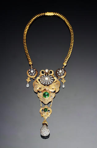 Bonhams : A mid-Victorian style diamond and emerald-set gold Necklace ...