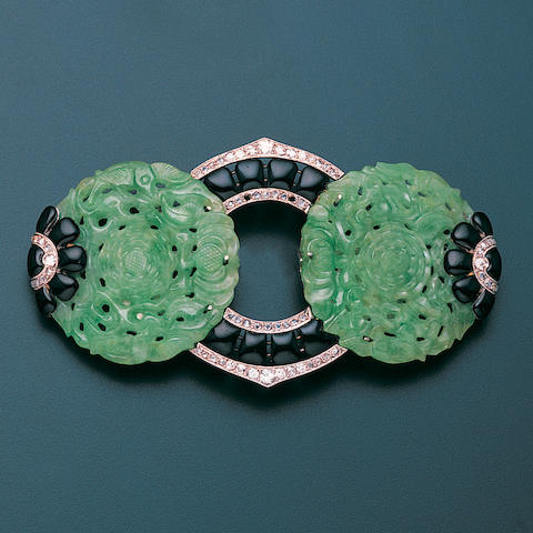 Bonhams : An art deco enamel, jade and diamond devant de corsage, French,