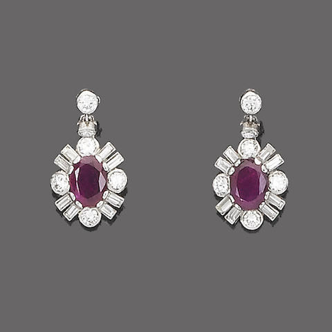 Bonhams : A pair of ruby and diamond pendent earrings