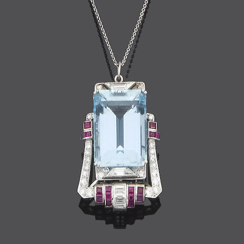 Bonhams : An art deco aquamarine, diamond and ruby brooch/pendant,