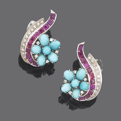 Bonhams : A turquoise, ruby and diamond ring and earclip suite, (2 ...