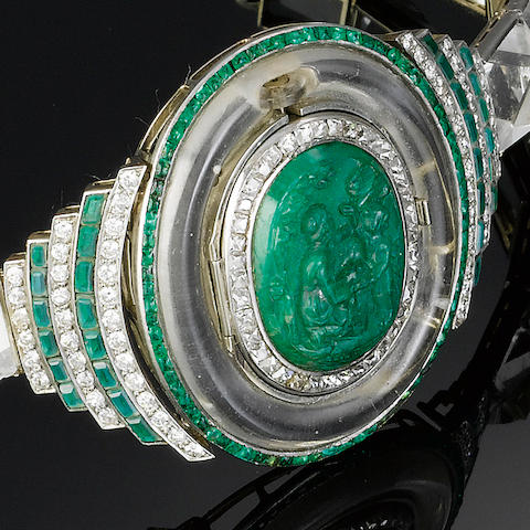 Bonhams : A rock crystal, diamond and emerald bracelet watch,
