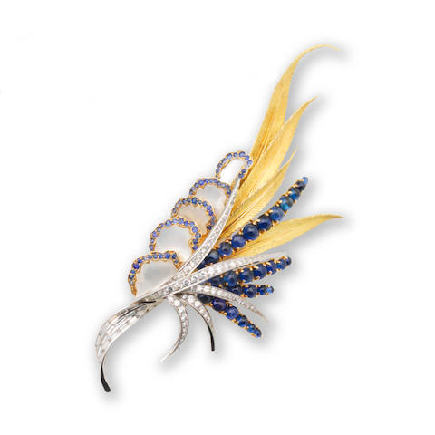 Bonhams : A sapphire, diamond and mother-of-pearl brooch, by Chaumet,
