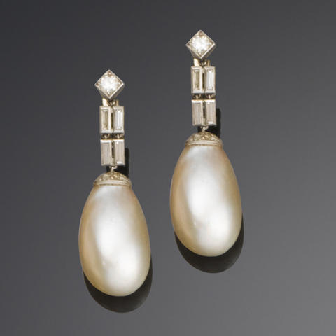 Bonhams : A pair of art deco natural pearl and diamond pendent earrings,