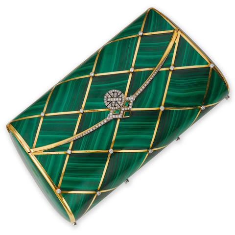Bonhams : A malachite, emerald and diamond evening bag, by Asprey