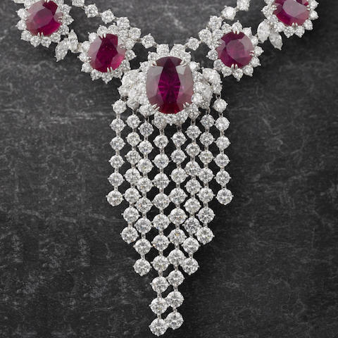 Bonhams : An impressive ruby and diamond necklace, bracelet, earring ...