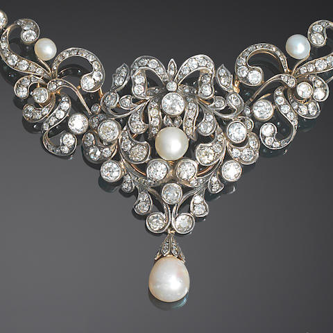 Bonhams : A late 19th century pearl and diamond necklace,