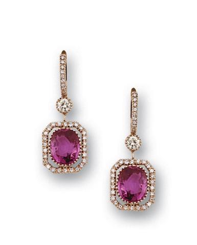 Bonhams : A pair of pink sapphire and diamond earrings