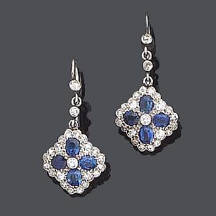 Bonhams : A pair of sapphire and diamond pendent earrings