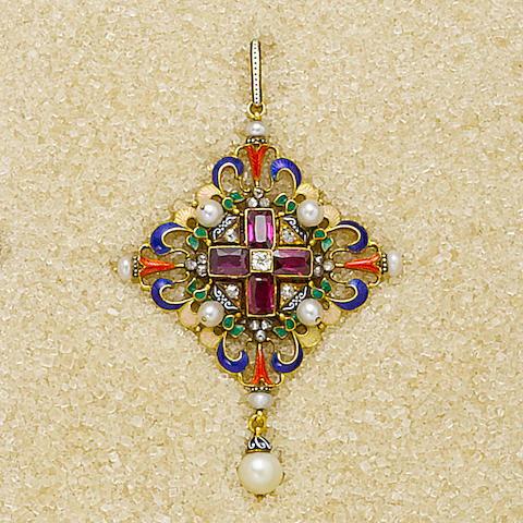 Bonhams : An enamel and gem-set cross pendant, by Carlo Giuliano,