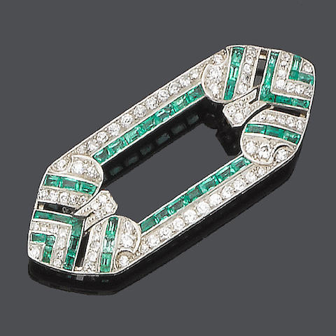 Bonhams : An art deco emerald and diamond brooch,