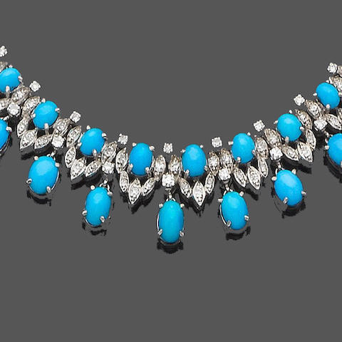 Bonhams : A turquoise and diamond necklace, earring and ring suite (3 ...
