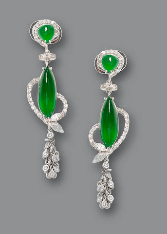 Bonhams : A pair of jadeite and diamond pendent earrings