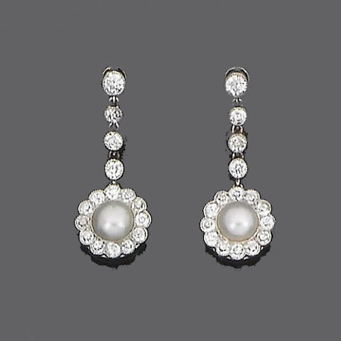 Bonhams : A pair of pearl and diamond pendent earrings,