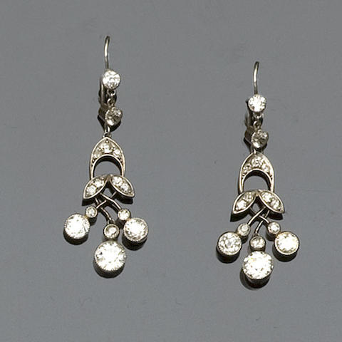 Bonhams : A pair of Edwardian chandelier diamond drop earpendants