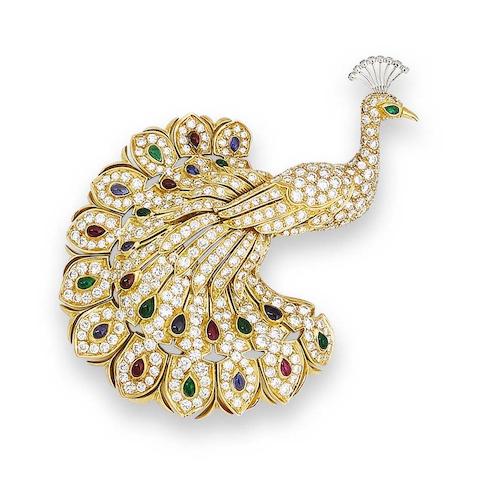 Bonhams : A gem-set peacock brooch, by Cartier