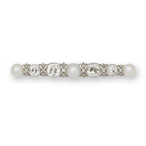 Bonhams : An early 20th century diamond and pearl bar brooch,