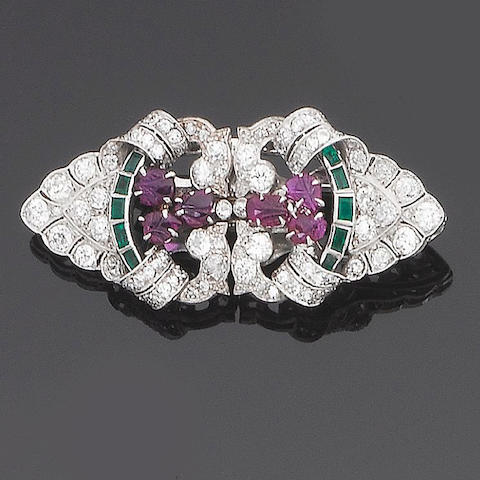 Bonhams : An art deco ruby, emerald and diamond double-clip brooch,