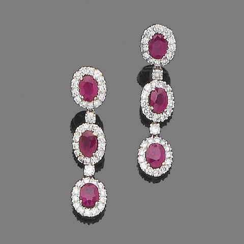 Bonhams : A pair of ruby and diamond pendent earrings
