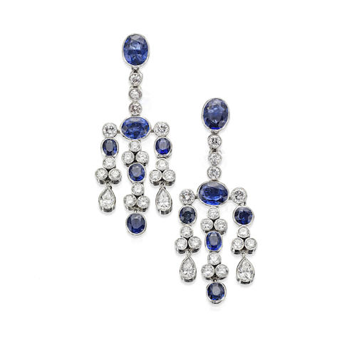 Bonhams : A pair of sapphire and diamond pendent earrings