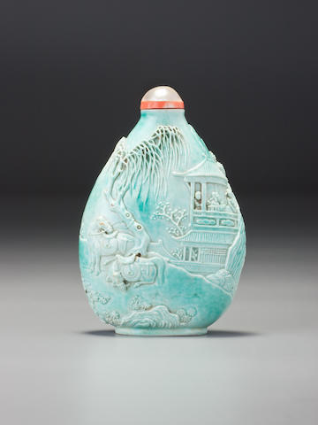 Bonhams : A turquoise porcelain carved 'landscape' snuff bottle Wang  Bingrong, Jingdezhen, 1820–1840