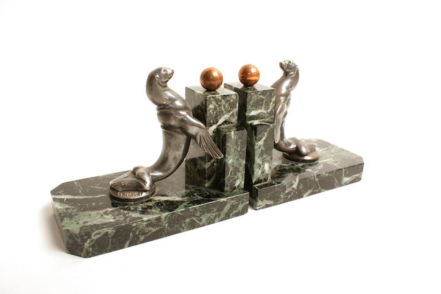 Bonhams : A pair of of Maurice Frecourt marble and spelter sea lion book  ends
