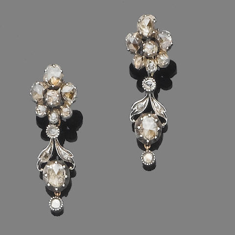 Bonhams : A pair of diamond pendent earrings