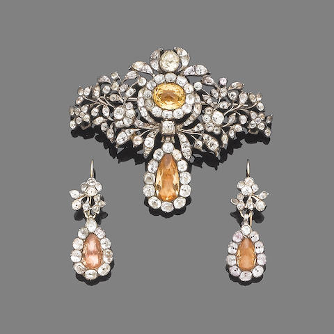 Bonhams : An 18th century topaz and paste brooch and a pair of earring (2)