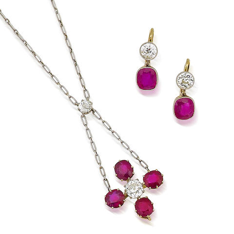 Bonhams : A ruby and diamond pendant and a pair of ruby and diamond ...