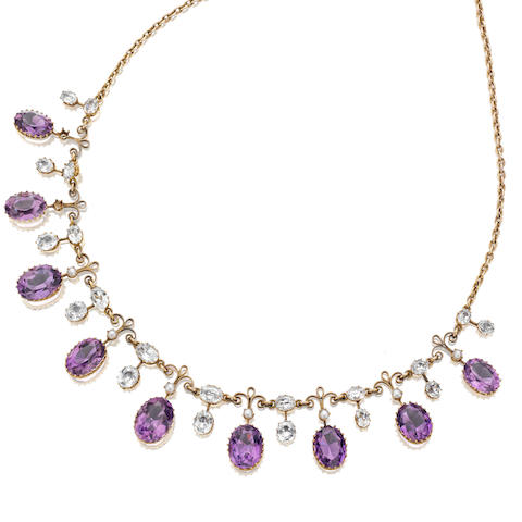 Bonhams : An amethyst, aquamarine and half-pearl fringe necklace,