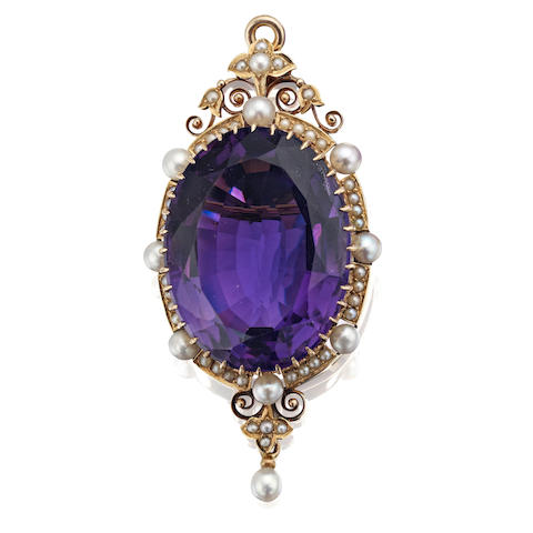Bonhams : A Victorian amethyst and pearl brooch/pendant