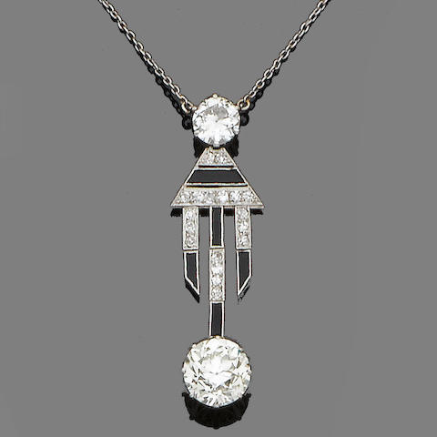 Bonhams : An art deco diamond and onyx pendant necklace,