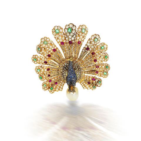 Bonhams : A rare gem-set and diamond peacock brooch, by Gustave Baugrand,