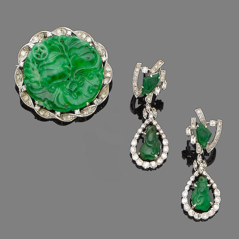 Bonhams : A jade and diamond brooch and earring suite (2)