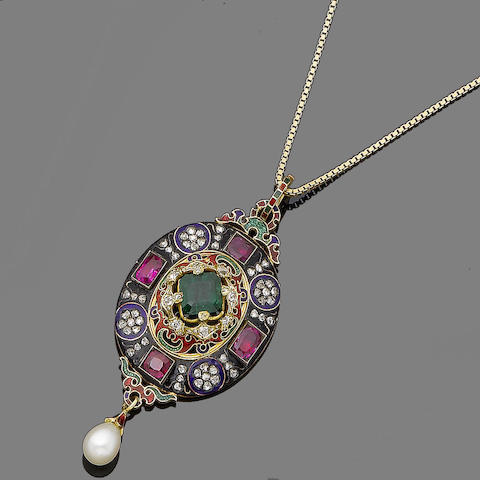 Bonhams : An enamel and gem-set Holbeinesque pendant,