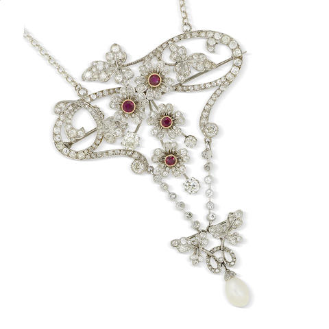 Bonhams : A diamond, ruby and pearl brooch/pendant,