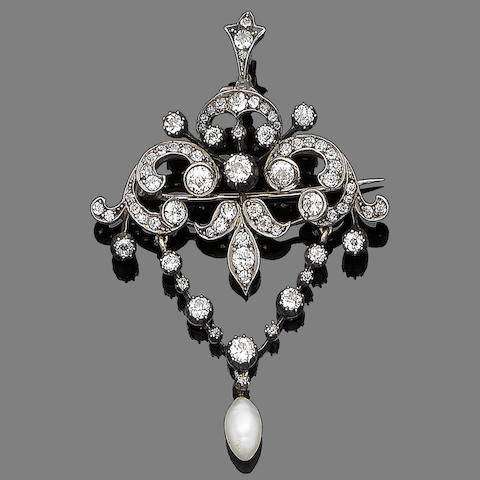 Bonhams : A late 19th century diamond and pearl pendant/brooch,