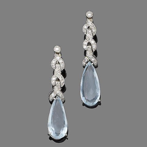 Bonhams : A pair of aquamarine and diamond earrings