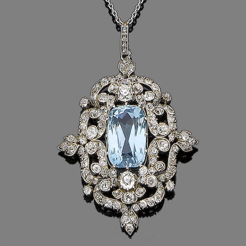 Bonhams : An aquamarine and diamond pendant necklace,