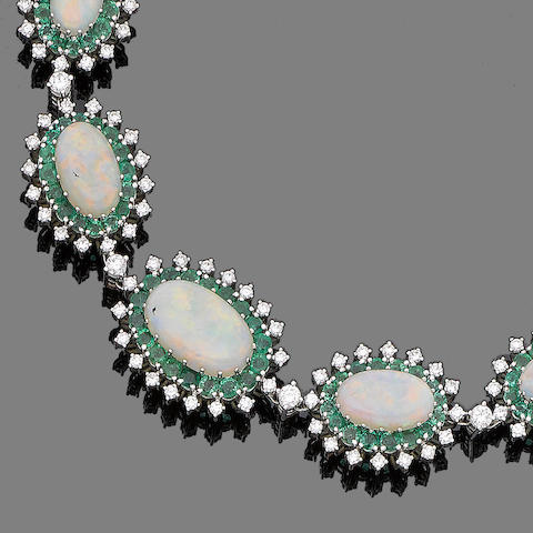 Bonhams : An opal, emerald and diamond necklace, bracelet and watch ...