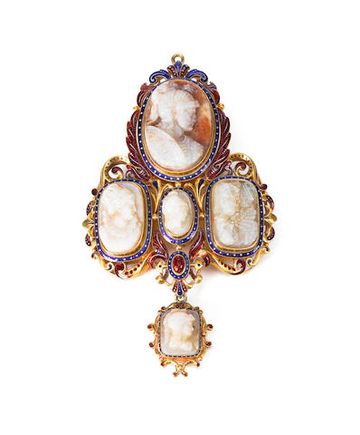 Bonhams : A carved opal, enamel and gold brooch, (illustrated inside ...