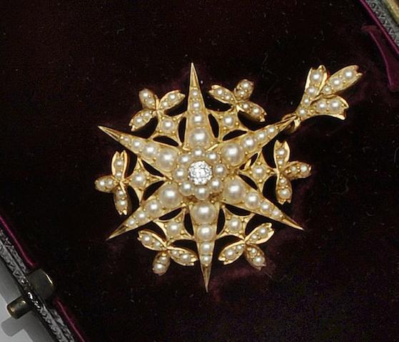 Bonhams : A late Victorian gold half pearl and diamond snowflake brooch
