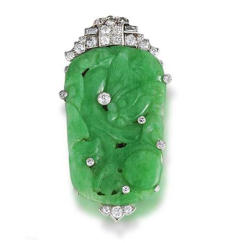 Bonhams : A jade and diamond clip brooch, by Cartier,