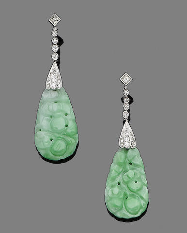 Bonhams : A pair of jade and diamond pendent earrings