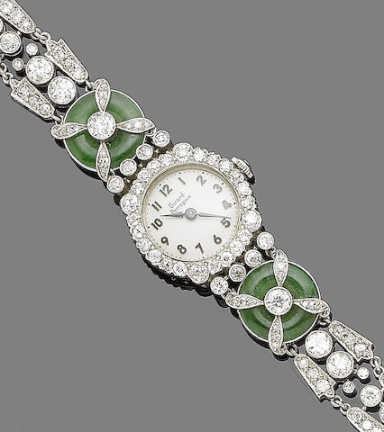 Bonhams : A jade and diamond wristwatch, by Girard-Perregaux
