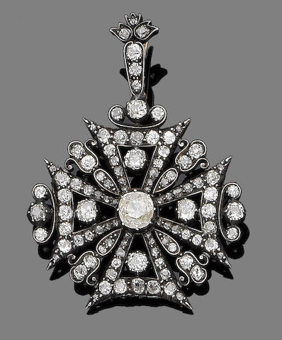 Bonhams : A diamond Maltese cross brooch/pendant,