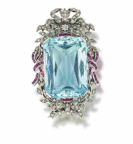 Bonhams : An aquamarine, ruby and diamond clip brooch,