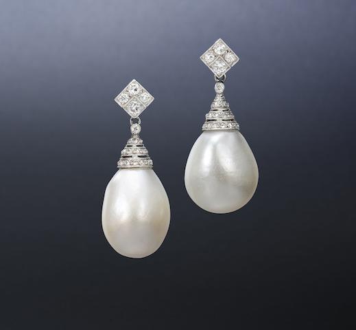 Bonhams : A pair of natural pearl and diamond earrings